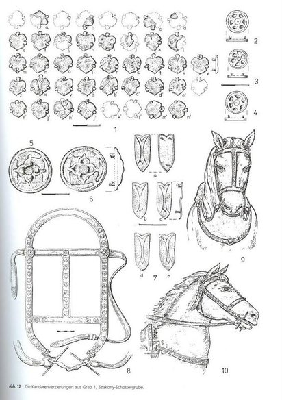 drawings made on reconstructions on 10th-11th century Magyar headgear studs, found in Austria